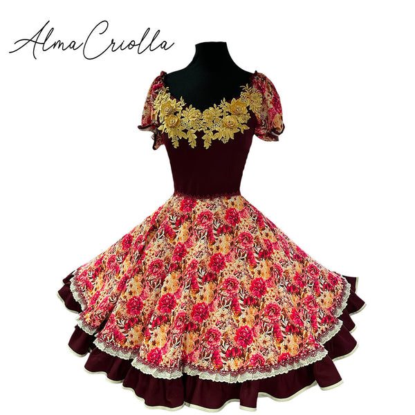 Vestido China huasa fantasía beige burdeo