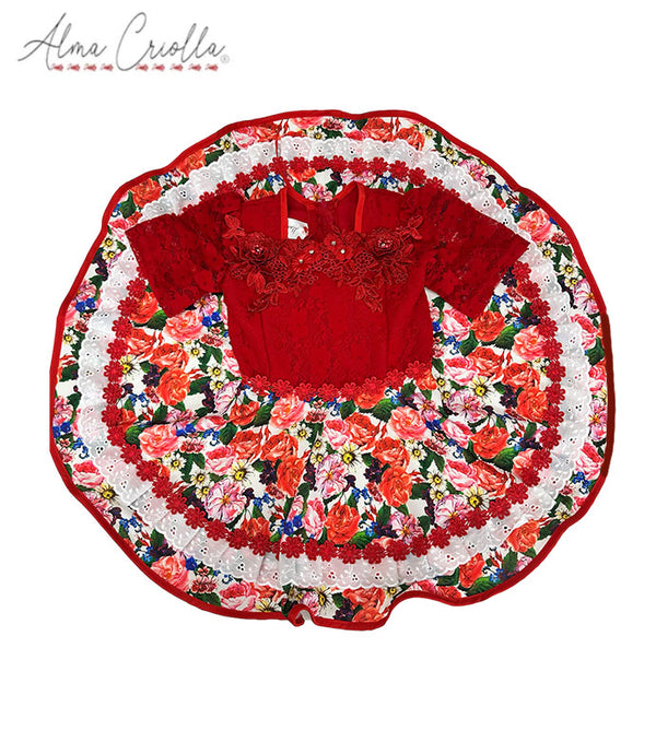 Vestido de China huasa fantasía, sarga encaje rojo talla 14