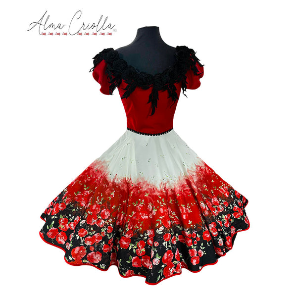Vestido China huasa fantasía cuerpo rojo bioestrech escote 3D macramé falda degrade talla 50