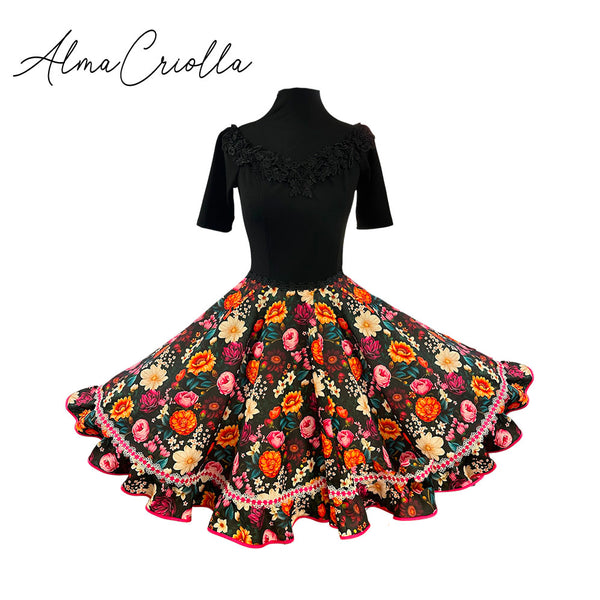 Vestido China huasa , Sofía negro falda bioestrech fucsia
