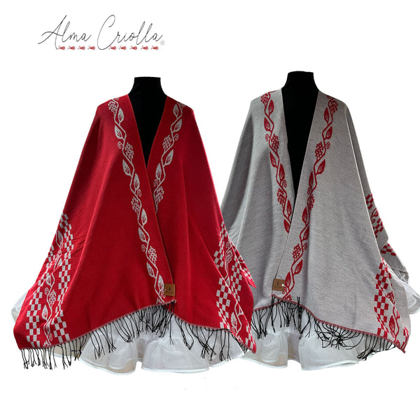 Ruana tejida jacquard folclorica REVERSIBLE