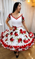 Vestido de china huasa , blanco rojo flor 3D cintura