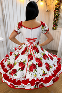 Vestido de china huasa , blanco rojo flor 3D cintura