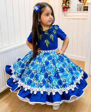 Vestido China Huasa rosas azules ,escote 3D , Sofia