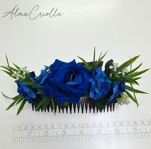 Tocado Rosas Azul con peineta 18cm