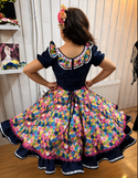 Vestido de china huasa escote volantes azul marino fucsia talla4