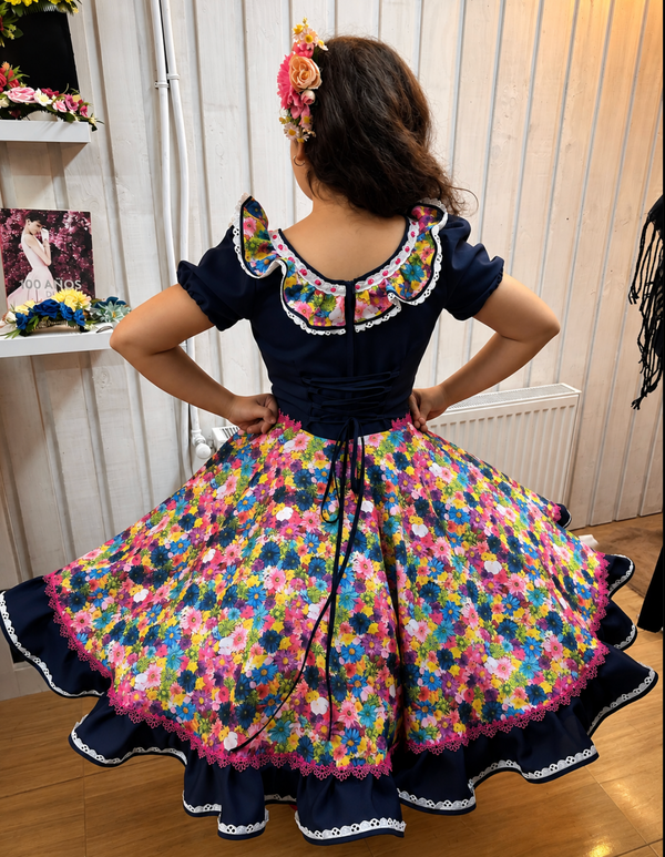 Vestido de china huasa escote volantes azul marino fucsia talla4