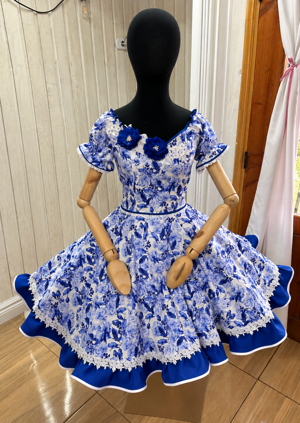 Vestido china huasa faltasia algodon blanco y azul