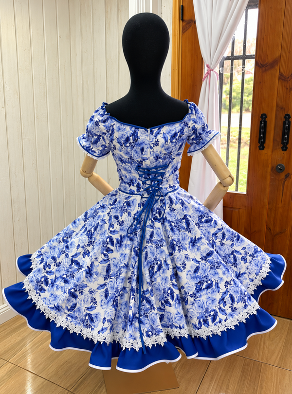 Vestido china huasa faltasia algodon blanco y azul