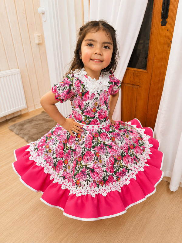 Vestido de china huasa floral sarga fucsia , macrame BLANCO