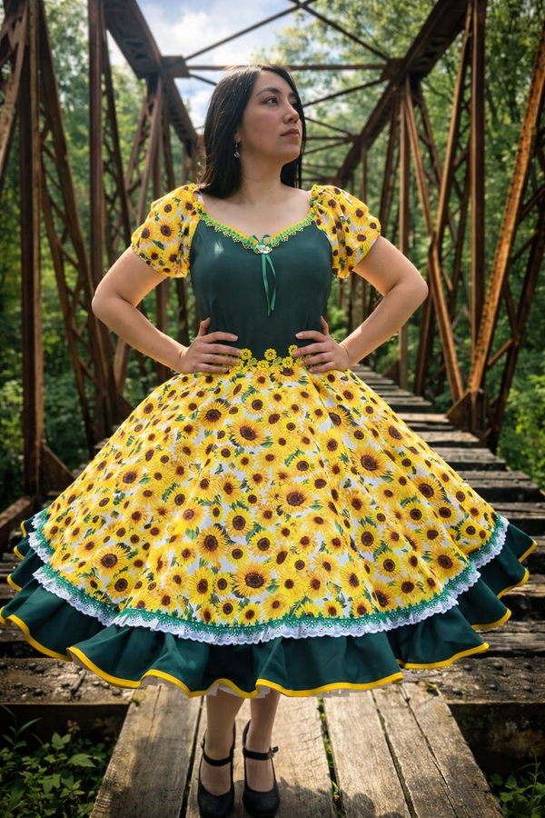 Vestido china huasa girasoles cuerpo verde
