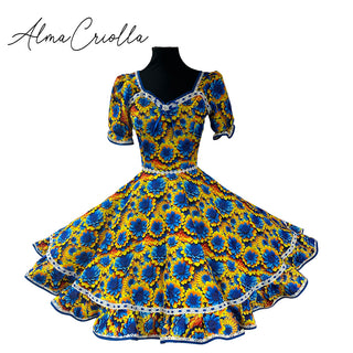 Vestido china huasa 100% floreado azul amarillo