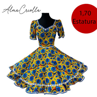 Vestido china huasa 100% floreado azul amarillo 1,70 estatura