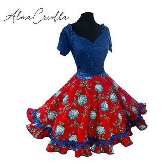 Vestido China huasa azul rojo encaje Hortensia