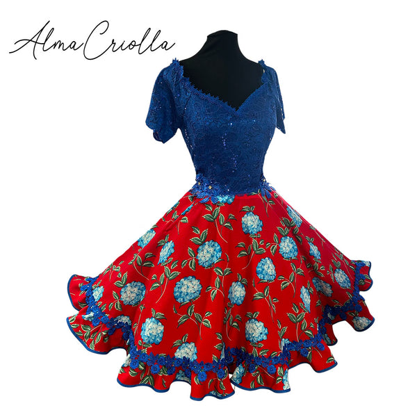 Vestido China huasa azul rojo encaje Hortensia