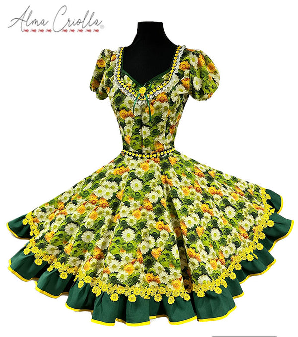 Vestido China huasa verde , bioestrech sublimado nacional