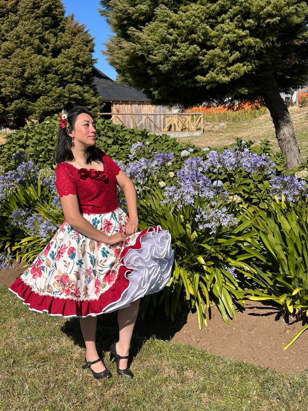 Vestido china huasa, brillo rojo italiano