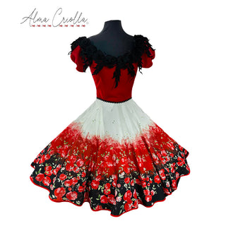 Vestido China huasa fantasía cuerpo rojo bioestrech escote 3D macramé falda degrade talla 50