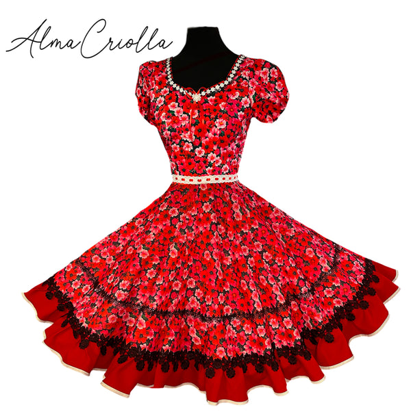 Vestido China huasa , rojo bioestrech sublimado 80%floreado