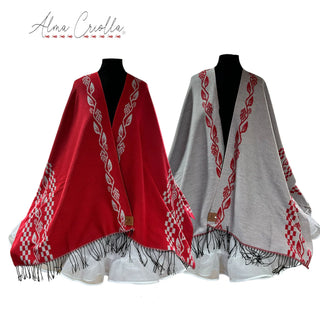 Ruana tejida jacquard folclorica REVERSIBLE ROJA