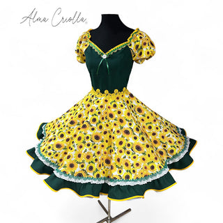 Vestido china huasa girasoles cuerpo verde