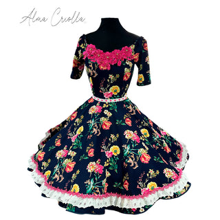 Vestido China huasa Azul marino fucsia tela sofia