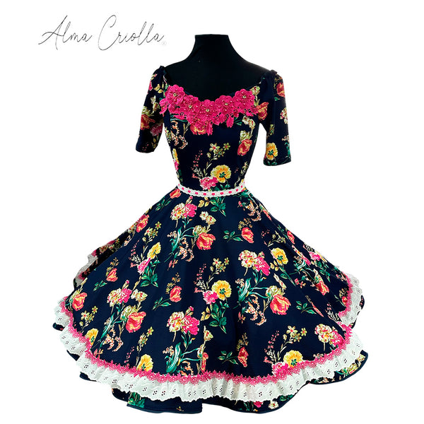 Vestido China huasa Azul marino fucsia tela sofia