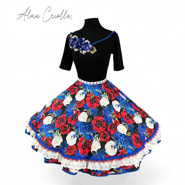 Vestido China huasa sofia negro azul cristales escote
