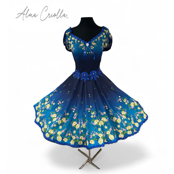vestido china huasa degrade azul cristales cintura
