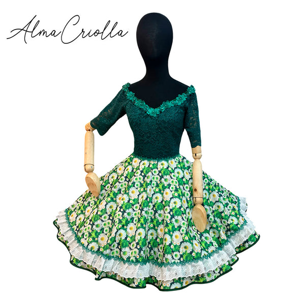 Vestido De China Huasa fantasia encaje verde oscuro talla 38