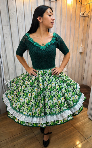 Vestido De China Huasa fantasia encaje verde oscuro