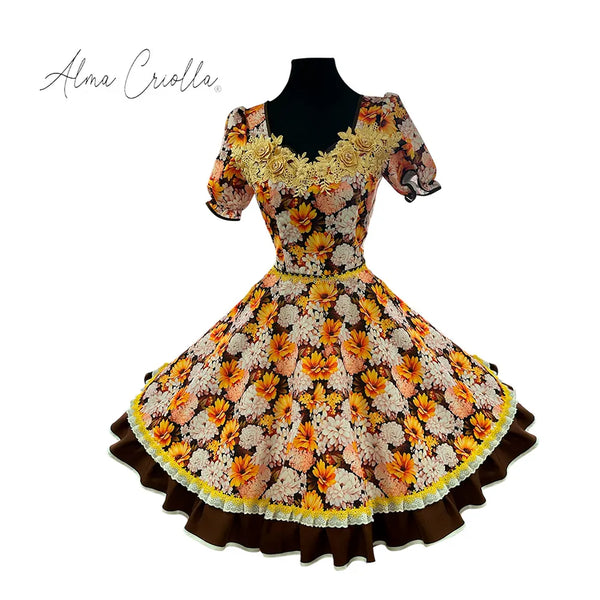Vestido china huasa 80% floreado Cafe