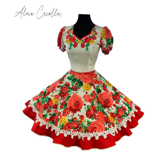 Vestido china huasa Bordado rojo blanco