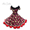 Vestido china huasa Sofia negro  floral vuelo rojo