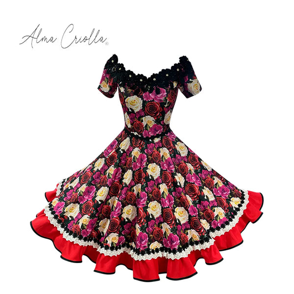 Vestido china huasa Sofia negro  floral vuelo rojo