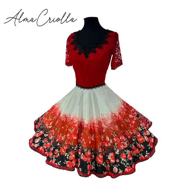 Vestido china huasa degrade cuerpo encaje rojo