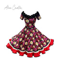 Vestido china huasa Sofia negro  floral vuelo rojo