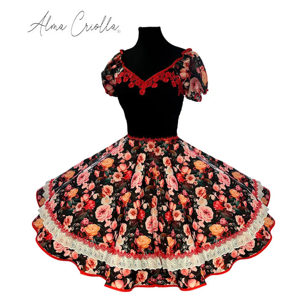 Vestido china huasa fantasia cuerpo encaje negro rojo talla 40