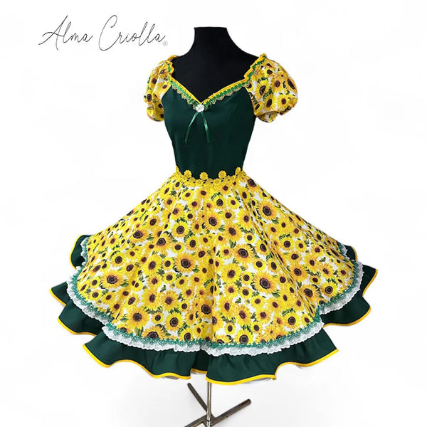 Vestido china huasa girasoles cuerpo verde