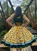 Vestido china huasa girasoles cuerpo verde