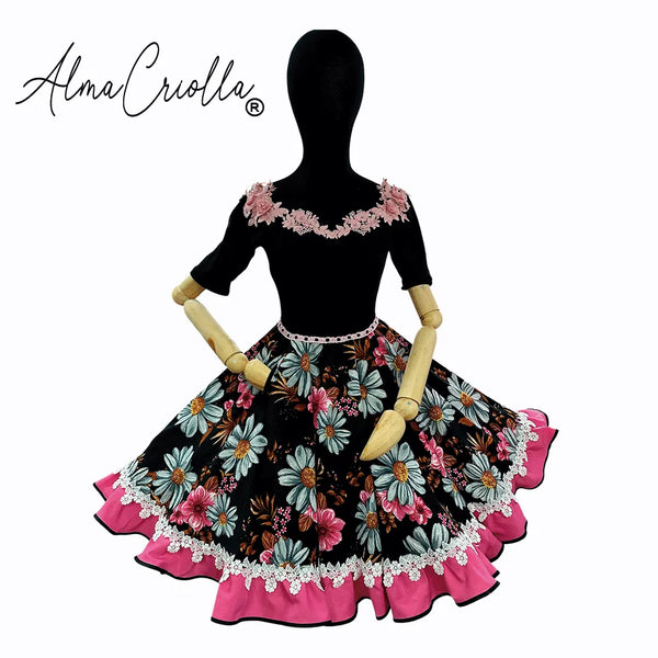 Vestido de china huasa Sofia elasticado negro rosado