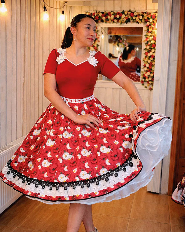 Vestido china huasa sofia rojo escote macrame