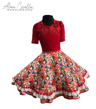 Vestido de China huasa fantasía, sarga encaje rojo talla 14