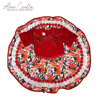 Vestido de China huasa fantasía, sarga encaje rojo talla 14