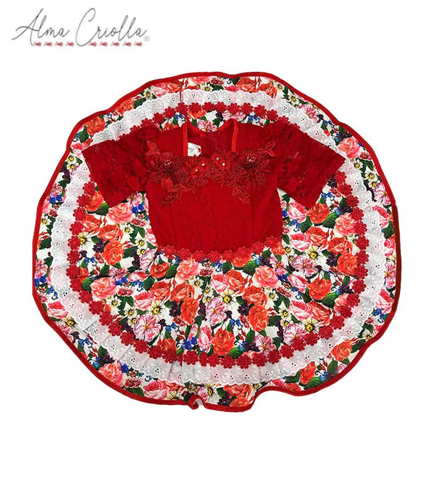 Vestido de China huasa fantasía, sarga encaje rojo talla 10