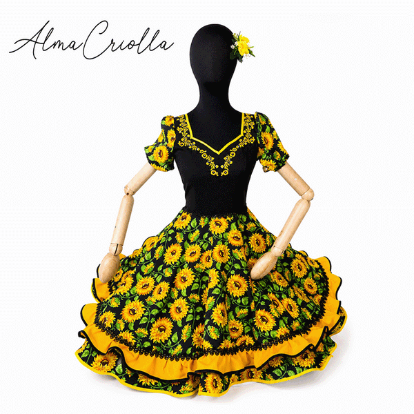Vestido de china huasa Negro amarillo cristales
