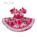 Vestido China huasa, mariposa bioestrech fucsia 24 meses