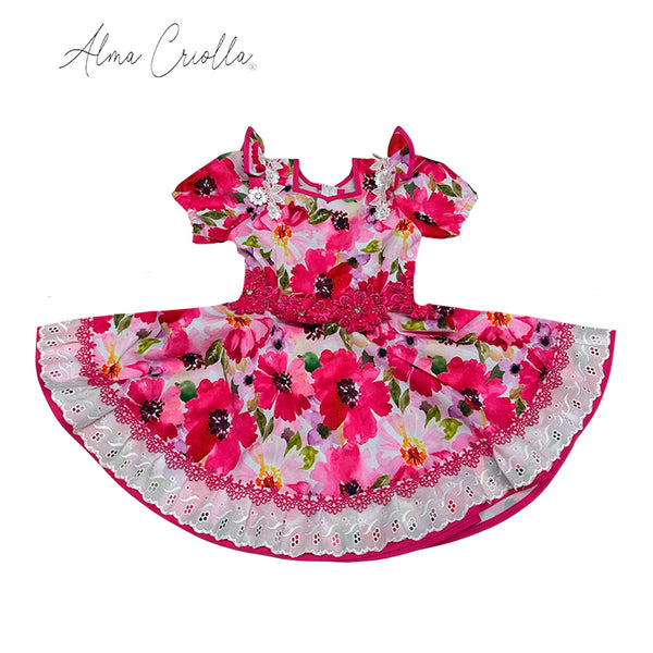 Vestido China huasa, mariposa bioestrech fucsia 24 meses