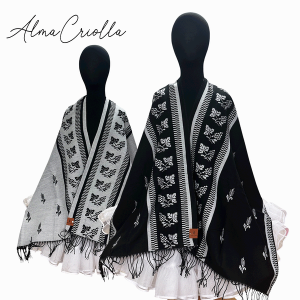 Ruana folklorica parra espiga REVERSIBLE Negro gris claro