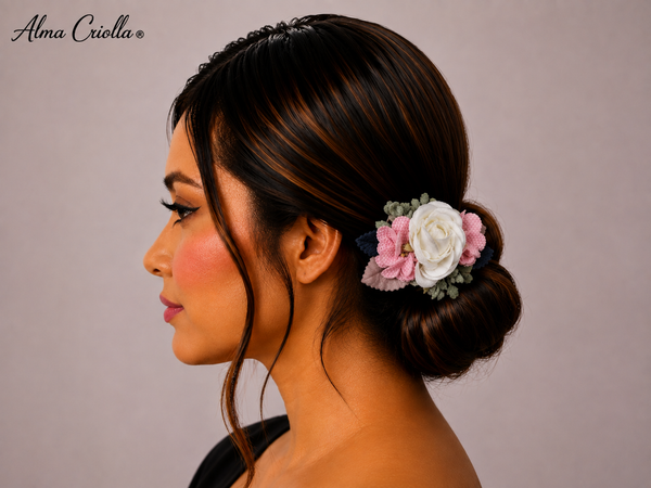 Tocado 8cm blanco y rosado con pinza